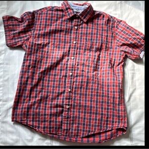 Tommy Hilfiger Mens Large Classic Fit Short Sleeve Plaid Button Down Shirt Red